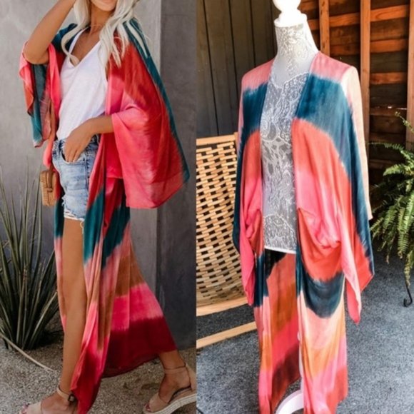 New Boho Tie Dye Beach Kimono Duster Swim Cover-Up - Picture 6 of 8